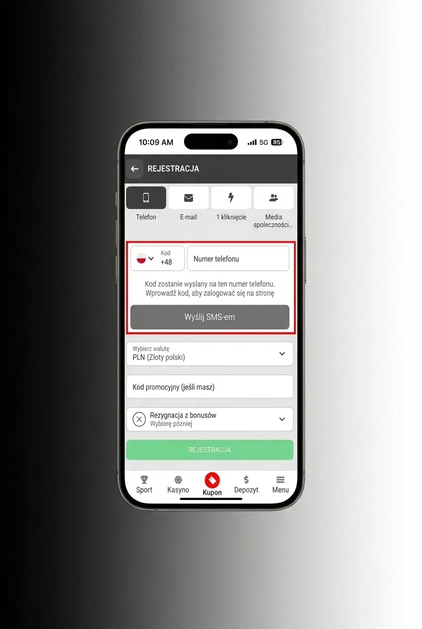 Instrukcja rejestracji konta w 888starz - formularz z krokami rejestracji przez telefon, e-mail lub social media