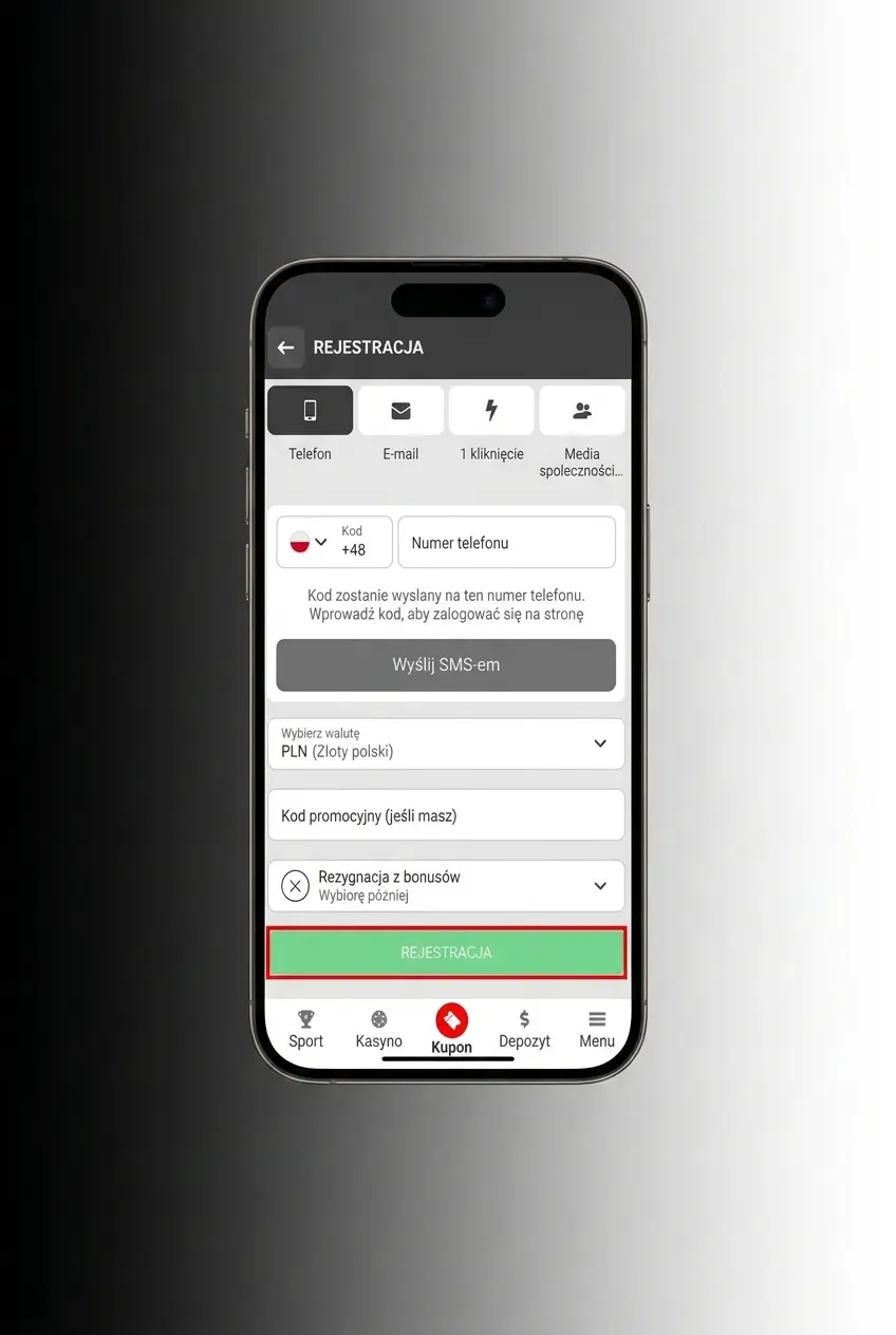 Instrukcja rejestracji konta w 888starz - formularz z krokami rejestracji przez telefon, e-mail lub 1 kliknięcie