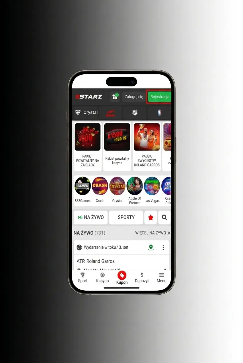Instrukcja rejestracji konta w 888starz - formularz z krokami rejestracji przez telefon, e-mail lub social media