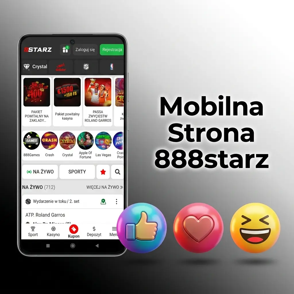 Mobilna strona 888starz na smartfonie z dostępem do kasyna i zakładów sportowych w przeglądarce