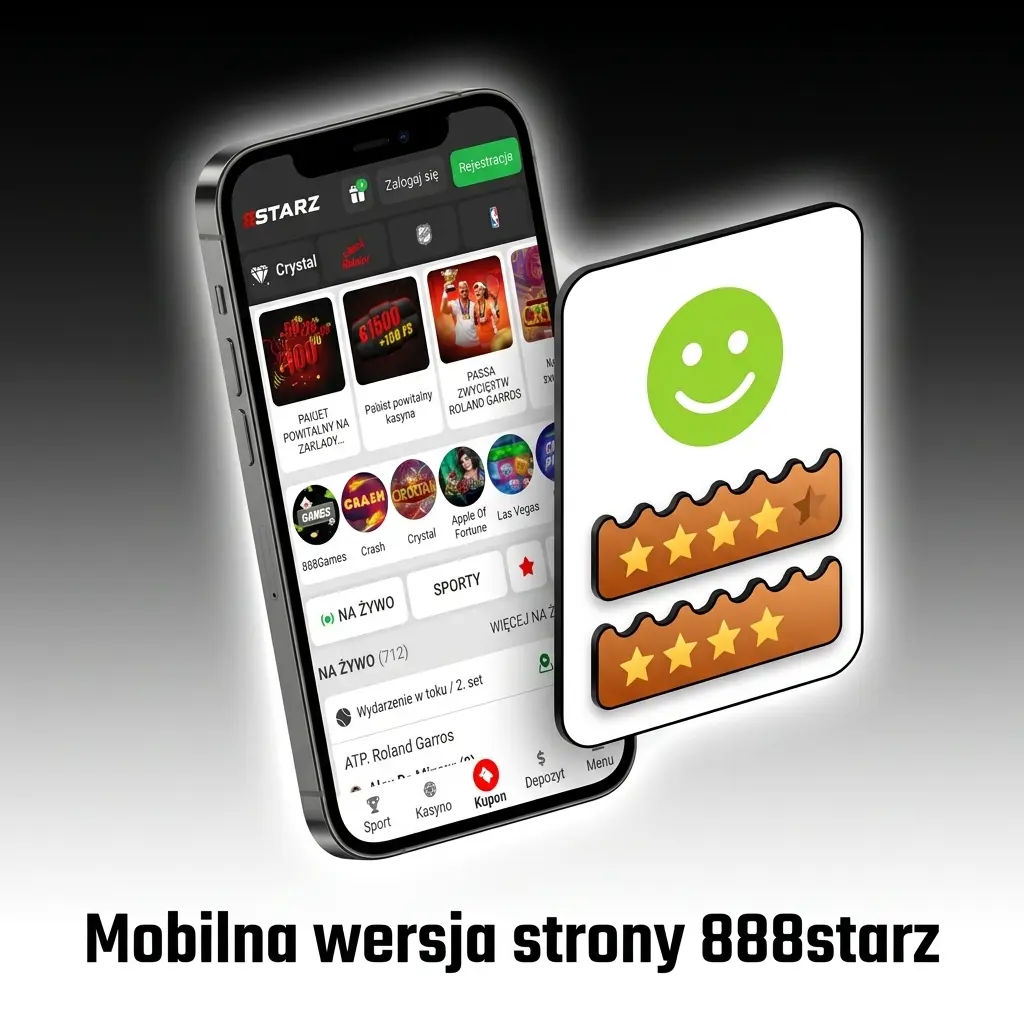 Mobilna wersja strony 888starz na smartfonie z zakładami sportowymi i kasynem na żywo