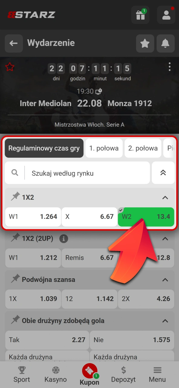 Dodaj wybrane zdarzenie do swojego kuponu bukmacherskiego w 888starz.