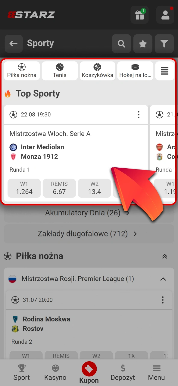 Wybierz interesującą Cię dyscyplinę sportową z oferty 888starz.