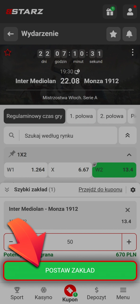 Potwierdź kwotę i postaw swój zakład sportowy w 888starz.