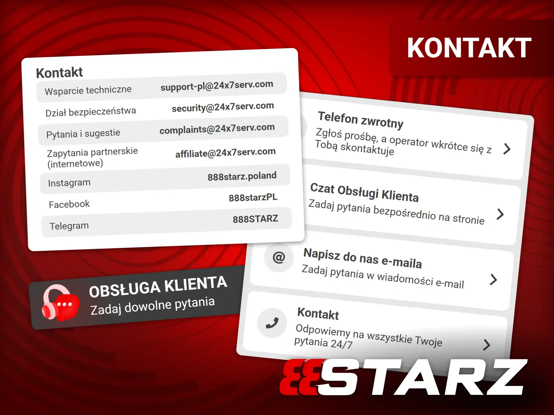 Zespół obsługi klienta 888starz dostępny 24/7 przez czat na żywo, e-mail i Telegram.