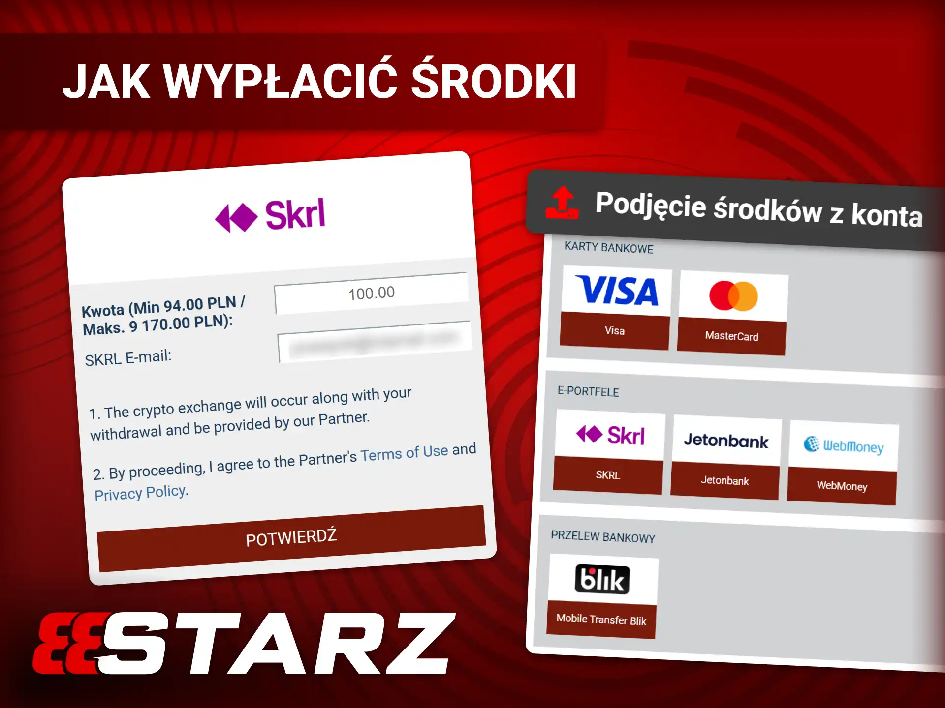 Wybierz dostępną metodę wypłaty środków ze swojego konta 888starz.