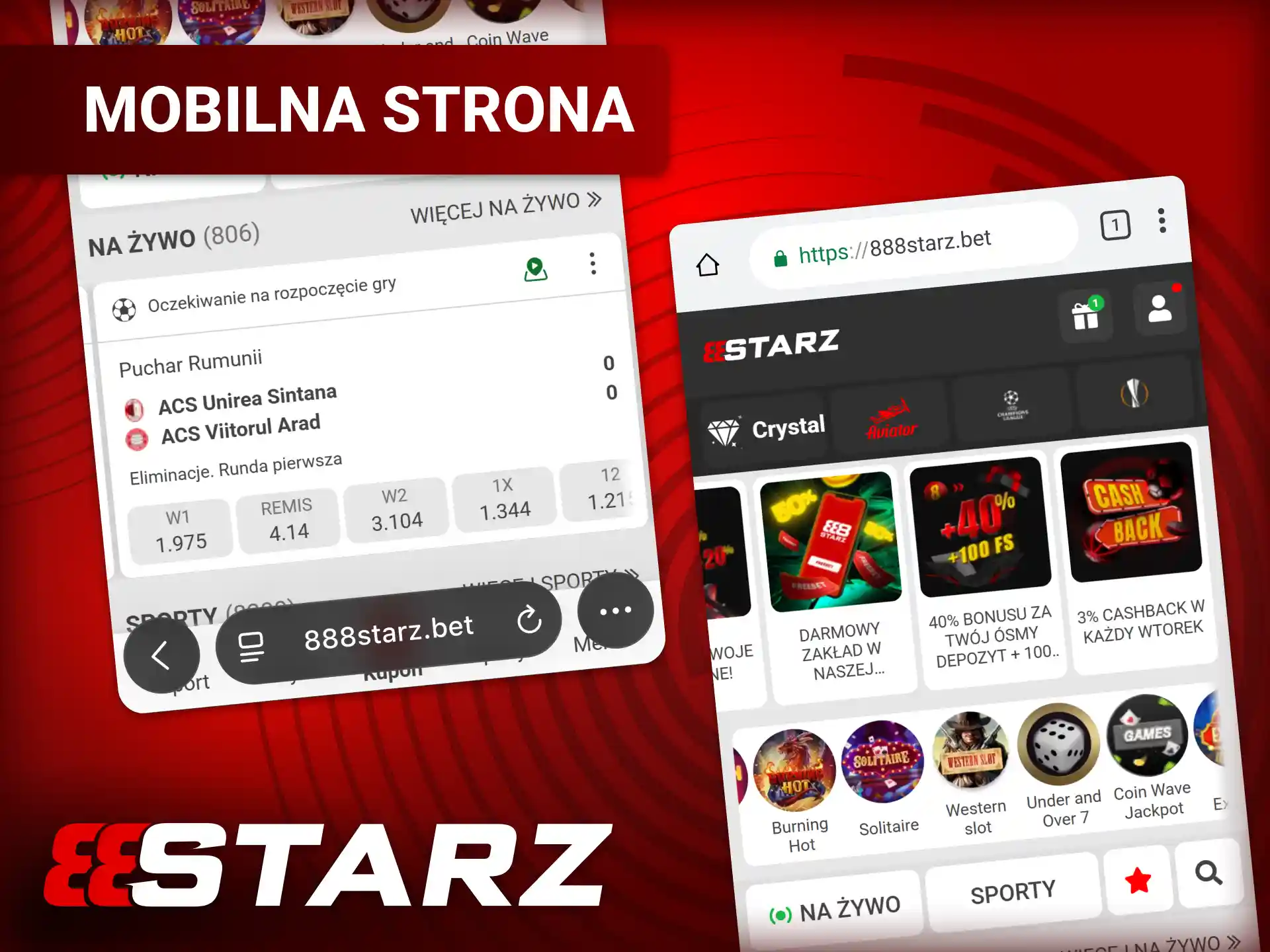 Mobilna strona 888starz na smartfonie z dostępem do kasyna, zakładów sportowych i płatności mobilnych.