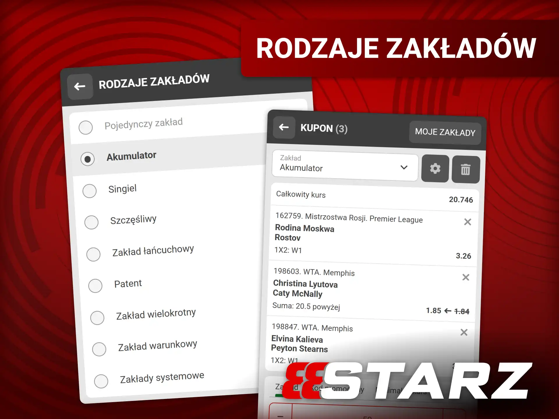 Rodzaje zakładów w 888starz: singiel, akumulator, szczęśliwy, łańcuchowy, patent, wielokrotny, systemowy.