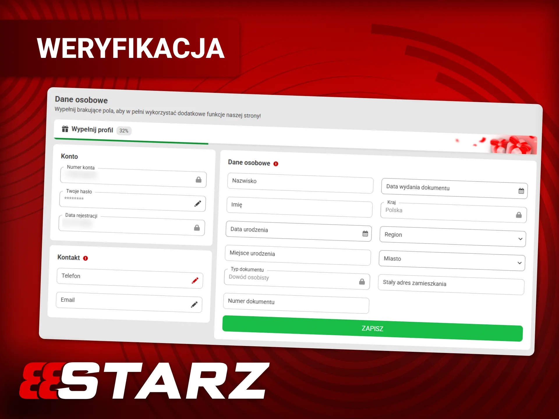 Wypełnij wszystkie dane swojego konta 888starz.