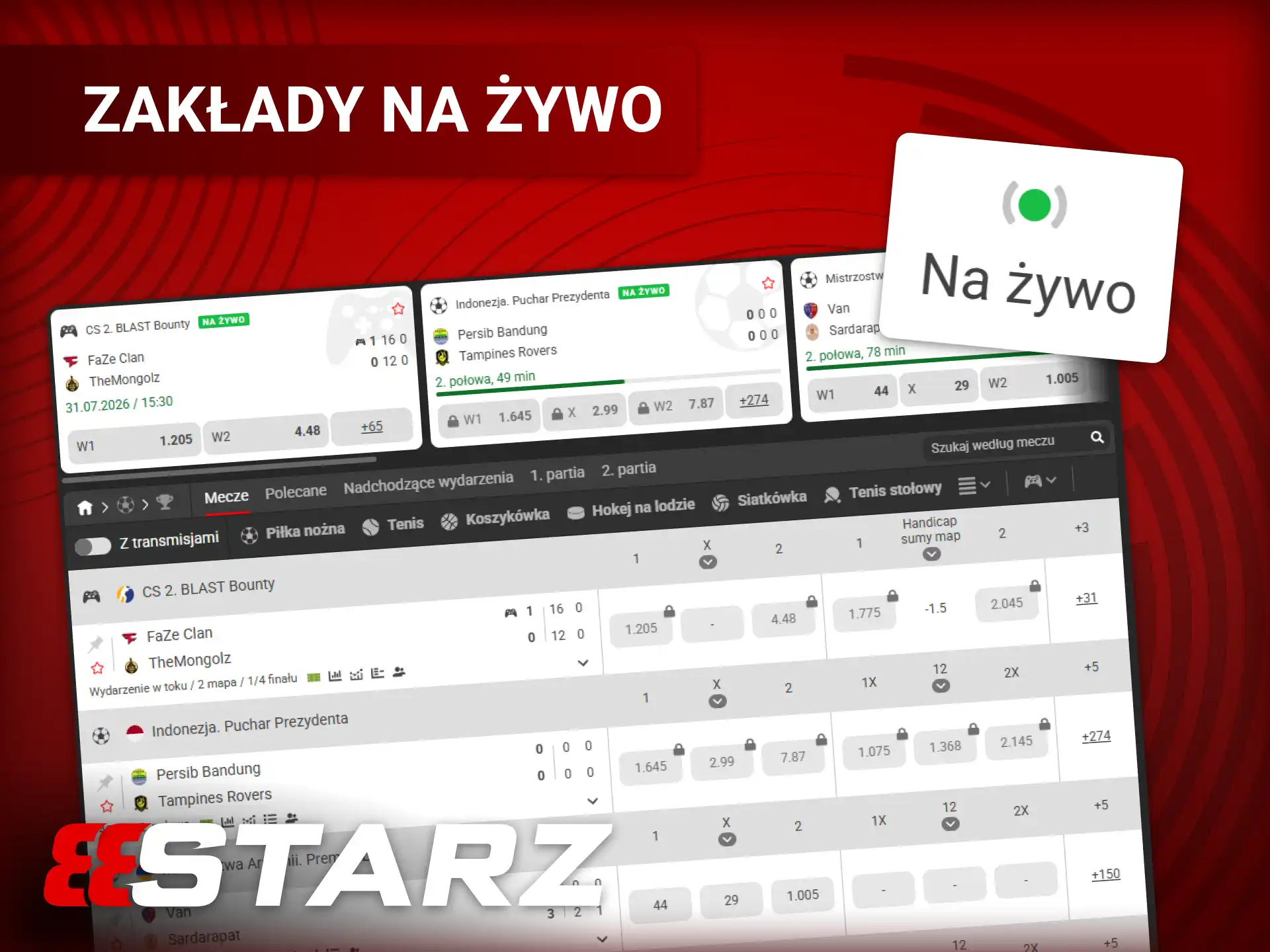 Zakłady na żywo 888starz – setki wydarzeń dziennie, kursy na bieżąco, Cash Out i statystyki live.