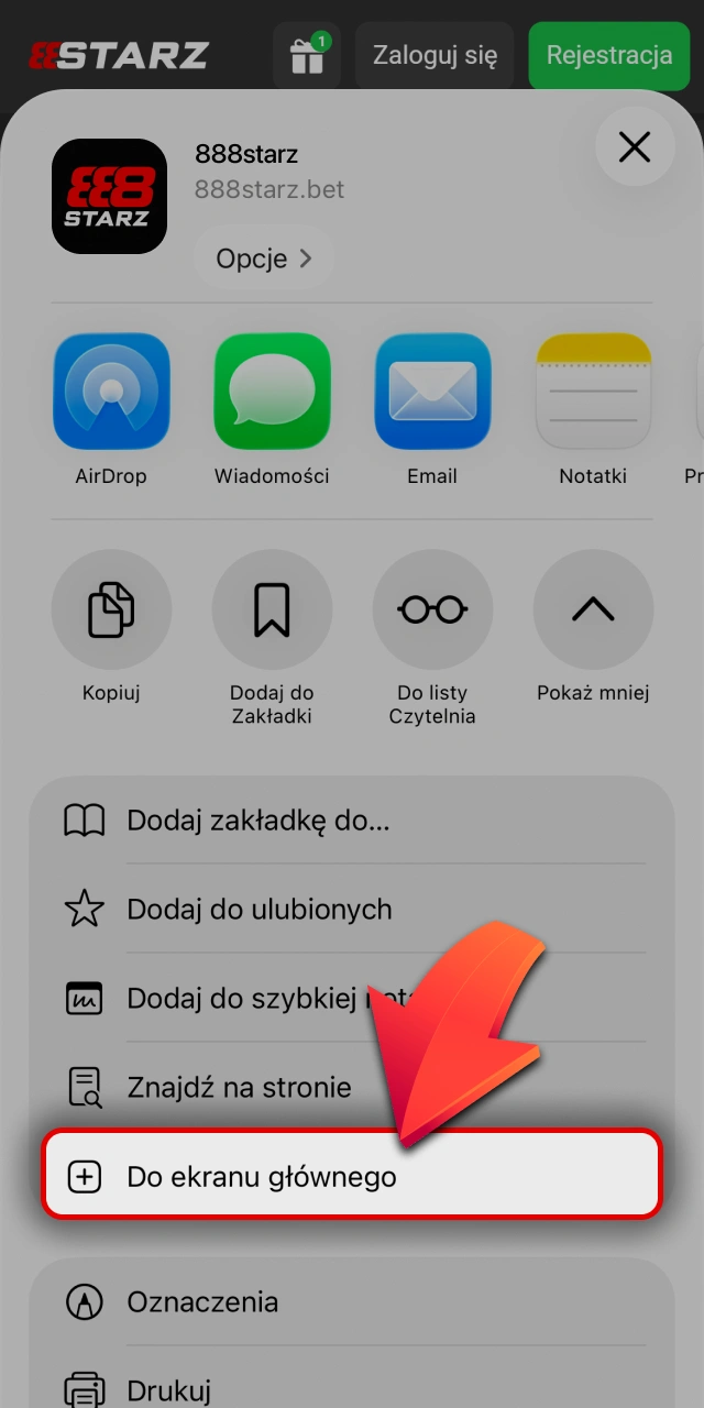 Wybierz opcję dodania skrótu na ekranie 888starz oficjalnej aplikacji PWA.