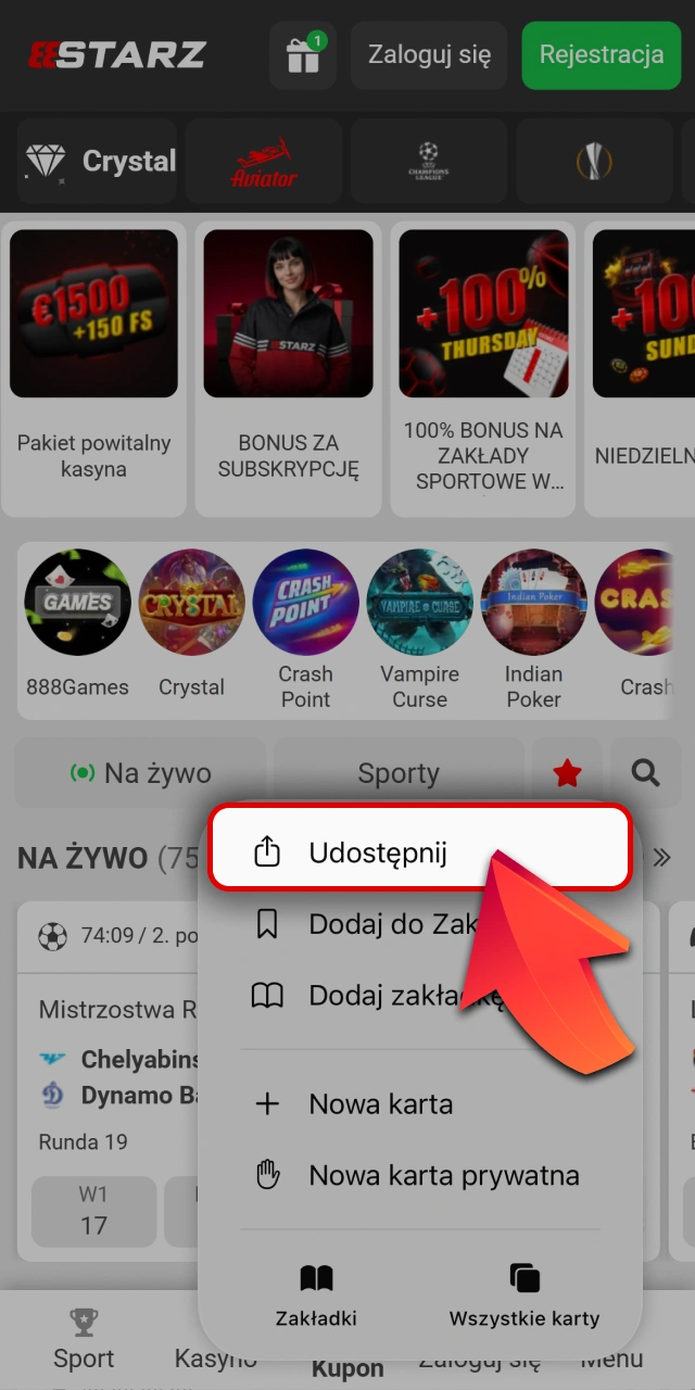 Kliknij przycisk udostępniania na platformie bukmacherskiej 888starz oficjalnej w Safari.