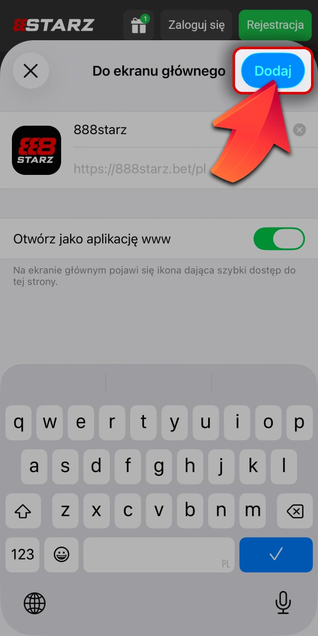 Potwierdź dodanie skrótu do aplikacji na 888starz oficjalnej stronie mobilnej.