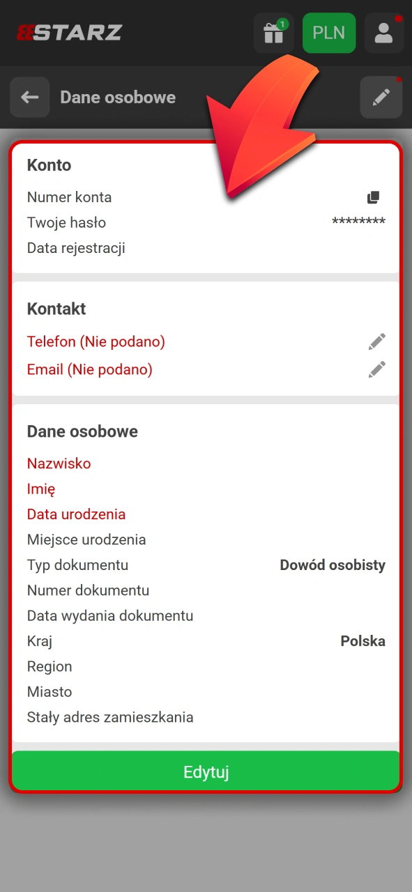 Uzupełnij dane profilowe i wybierz promocję na 888starz oficjalnym koncie.