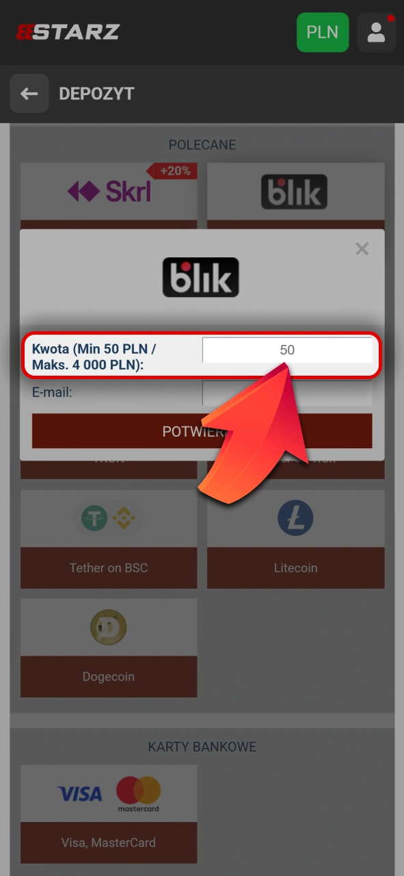 Wpisz kwotę depozytu do wpłaty w 888starz oficjalnej kasie serwisu.