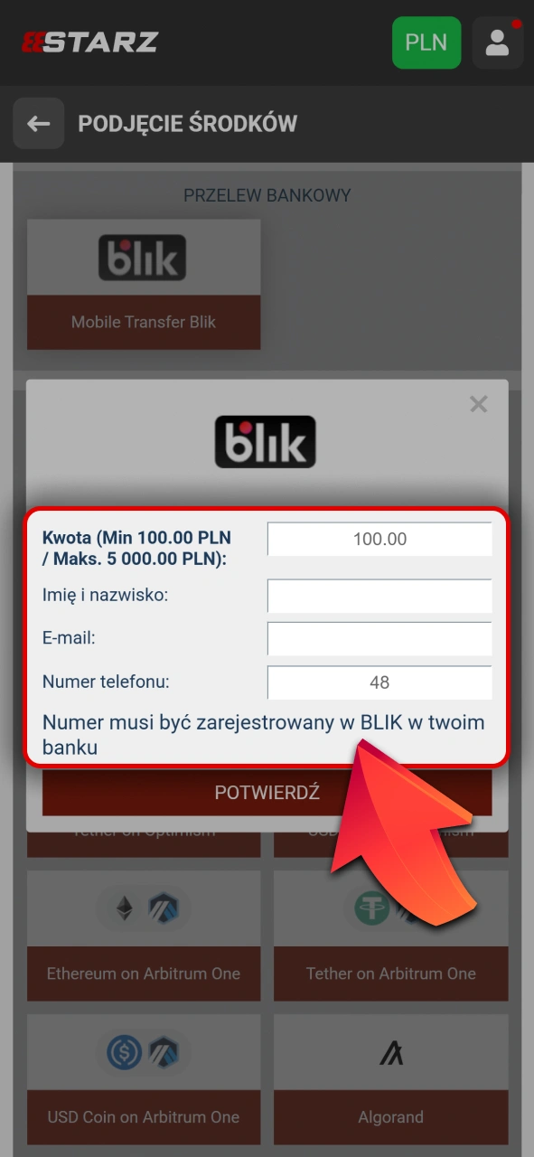 Wprowadź kwotę oraz konto w 888starz oficjalnym systemie płatności serwisu.