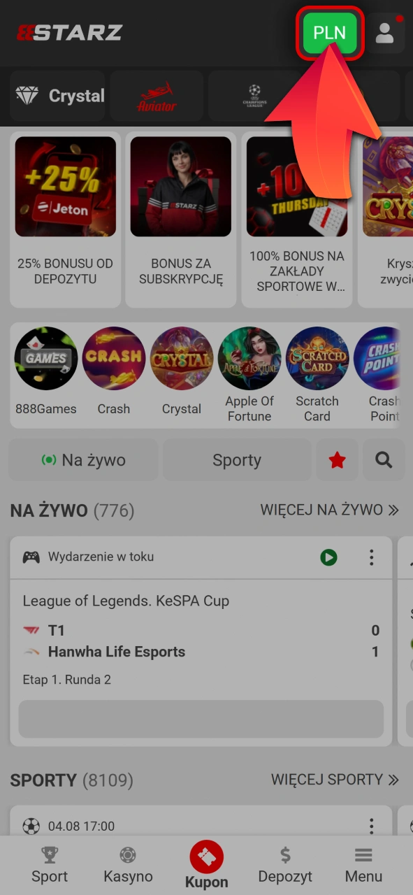 Wejdź do zakładki z wpłatami w 888starz oficjalnym panelu gracza.