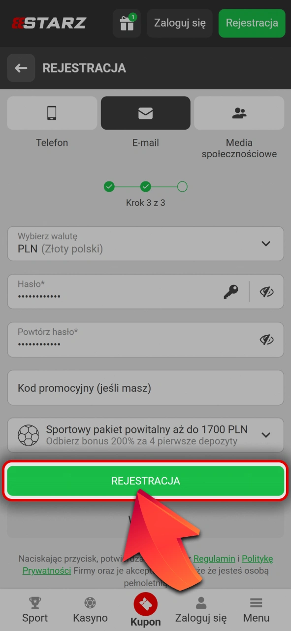 Potwierdź utworzenie nowego konta na 888starz oficjalnej platformie zakładów bukmacherskich.