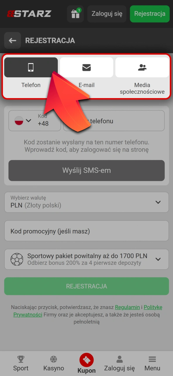 Wybierz opcję założenia konta w 888starz oficjalnej aplikacji na telefon.